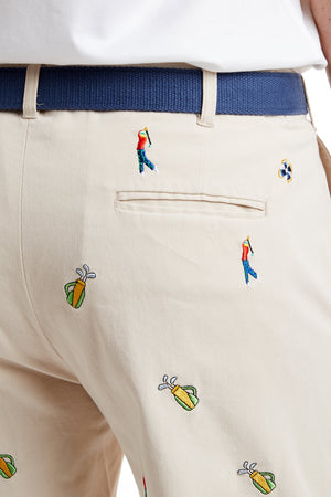 Harbor Pant Stretch Twill Stone with Golfer and Bag MENS EMBROIDERED PANTS Castaway Nantucket Island