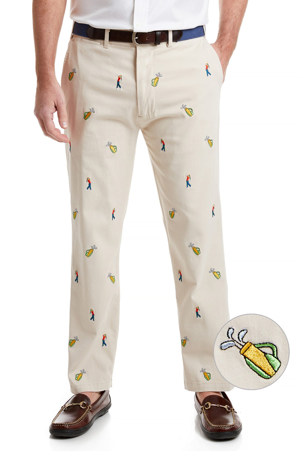 Harbor Pant Stretch Twill Stone with Golfer and Bag MENS EMBROIDERED PANTS Castaway Nantucket Island