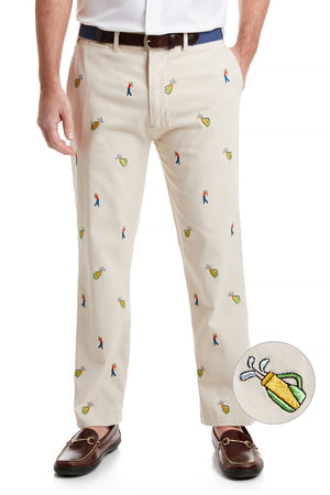 Harbor Pant Stretch Twill Stone with Golfer and Bag MENS EMBROIDERED PANTS Castaway Nantucket Island