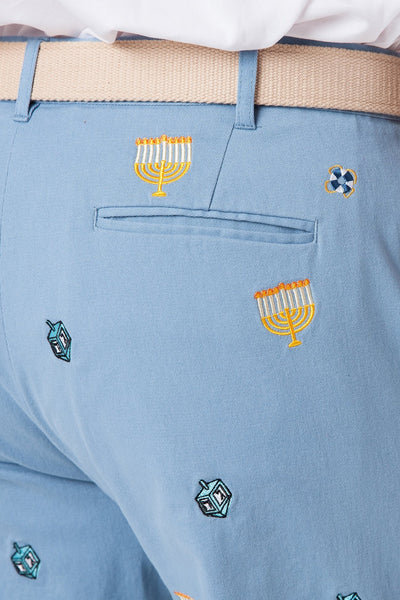 Harbor Pant Stretch Twill Storm Blue with Menorah & Dreidel - Castaway Nantucket Island