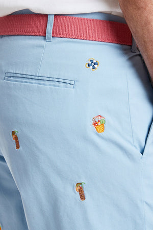 Island Short Canvas Blue Grotto with Tiki and Coconut Drinks MENS EMBROIDERED SHORTS Castaway Nantucket Island