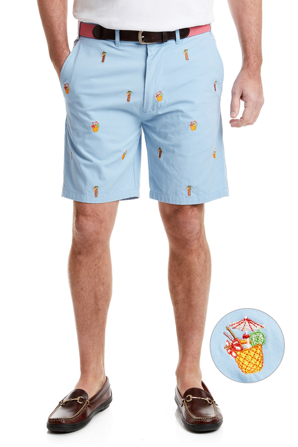 Island Short Canvas Blue Grotto with Tiki and Coconut Drinks MENS EMBROIDERED SHORTS Castaway Nantucket Island