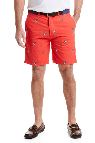 Island Short Canvas Washed Red with Anchor & Fish MENS EMBROIDERED SHORTS Castaway Nantucket Island