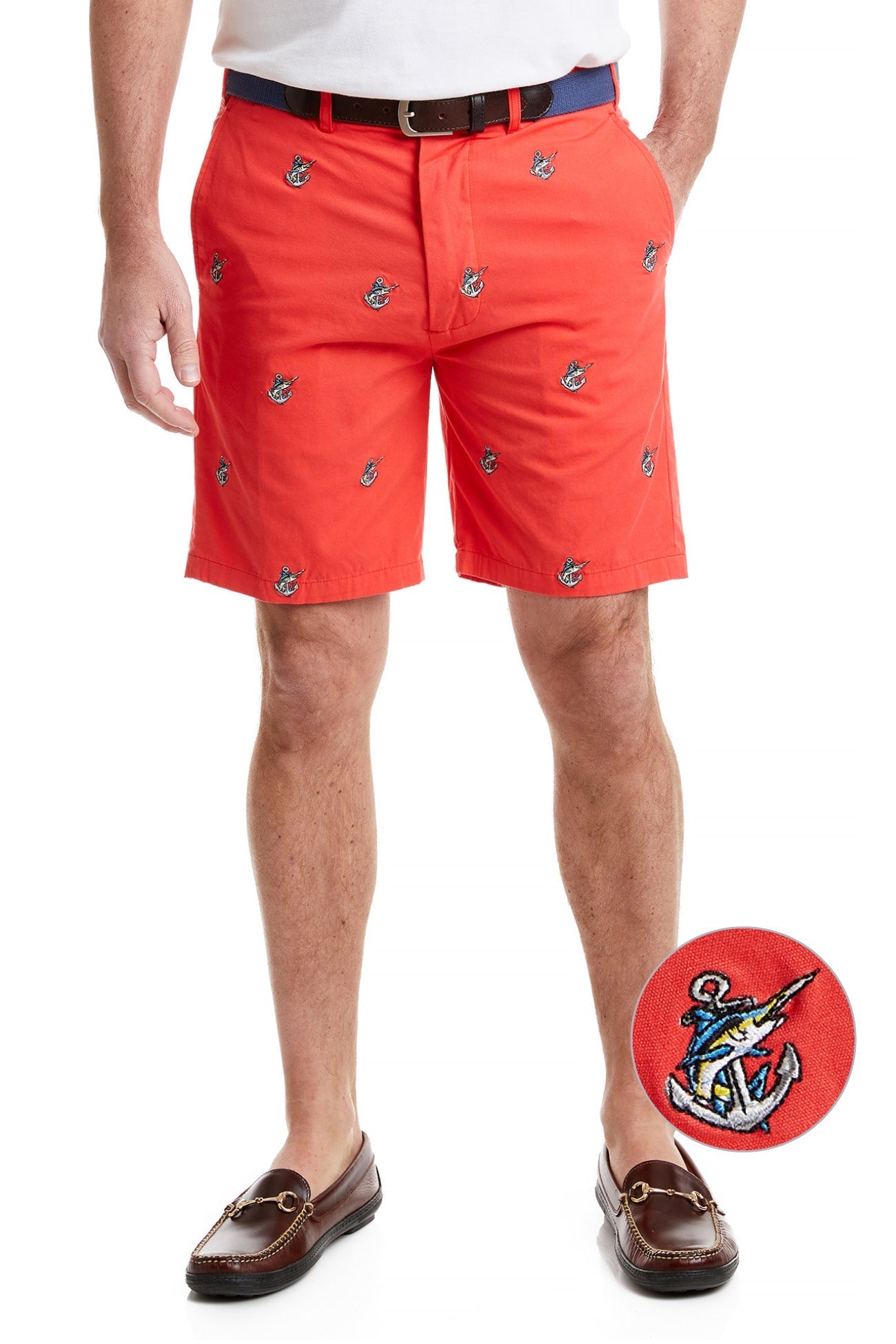 Island Short Canvas Washed Red with Anchor & Fish MENS EMBROIDERED SHORTS Castaway Nantucket Island