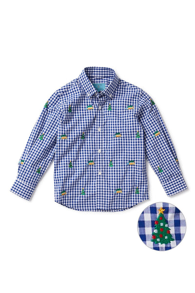 James Shirt Wide Gingham Royal with Woody with Christmas Tree - Castaway Nantucket Island