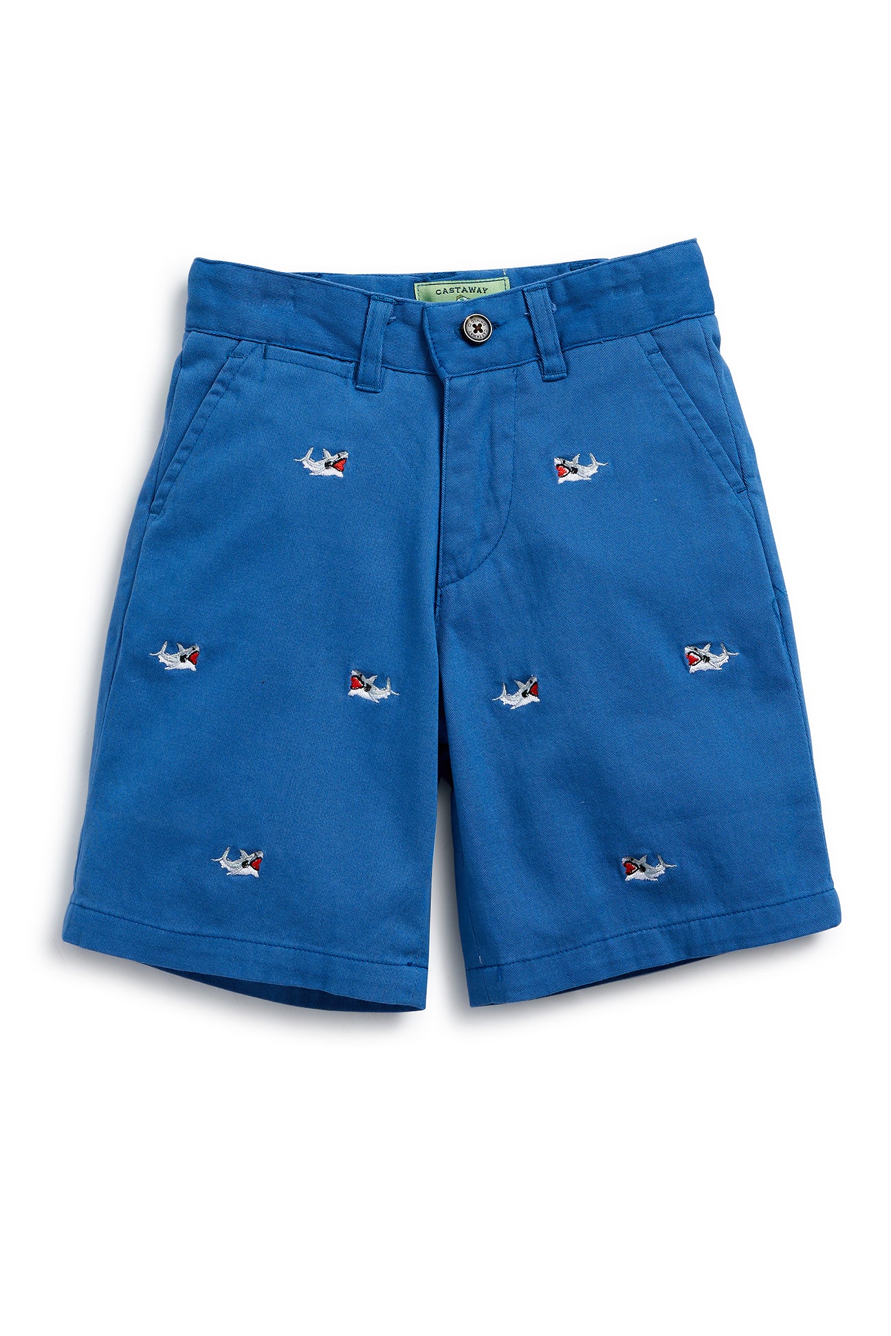 Jetties Short Stretch Twill Deep Ocean Blue with Great White Shark BOYS SHORTS Castaway Nantucket Island