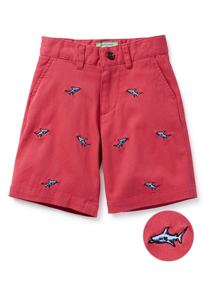 Jetties Short Stretch Twill Hurricane Red with Shark BOYS SHORTS Castaway Nantucket Island