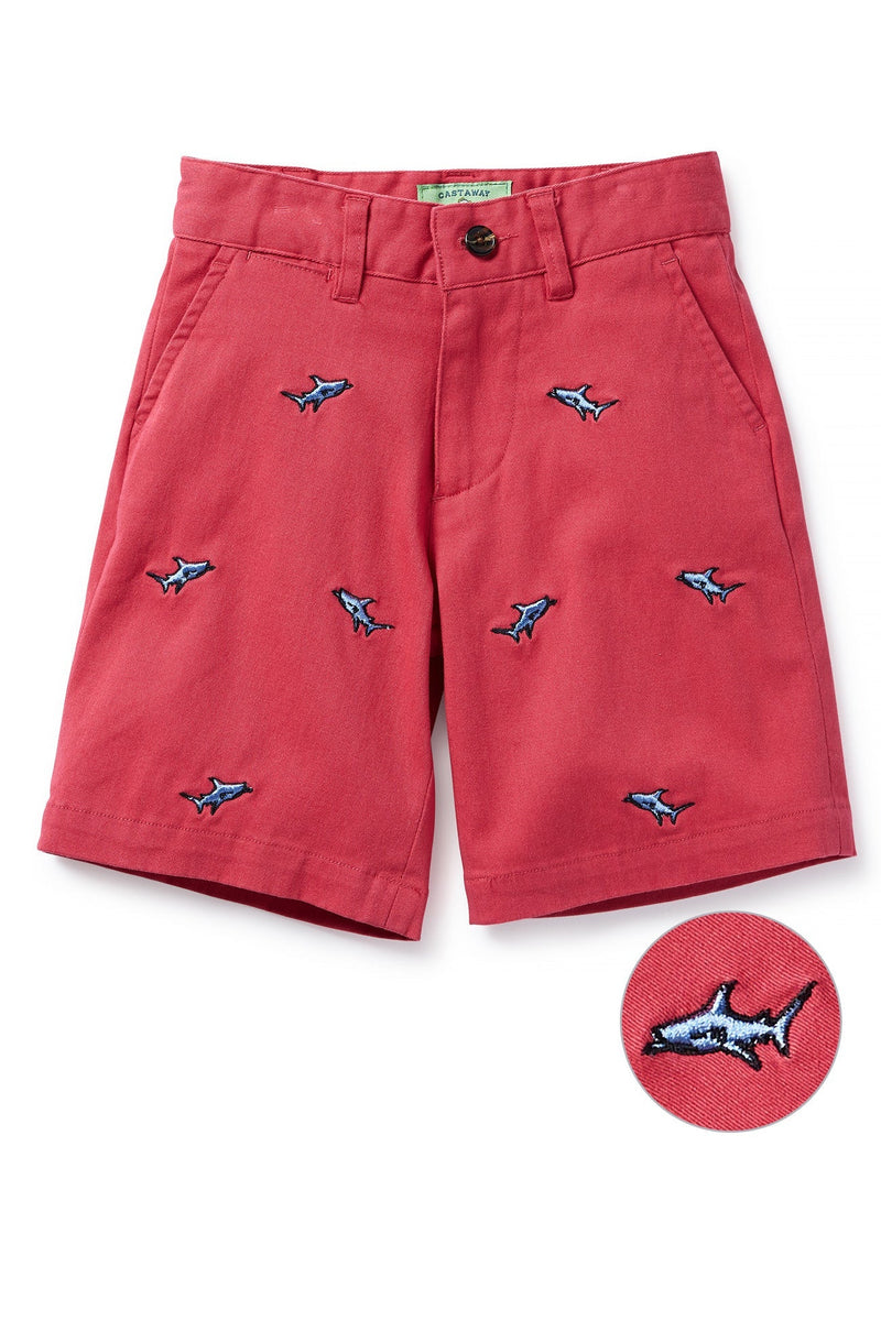 Jetties Short Stretch Twill Hurricane Red with Shark BOYS SHORTS Castaway Nantucket Island