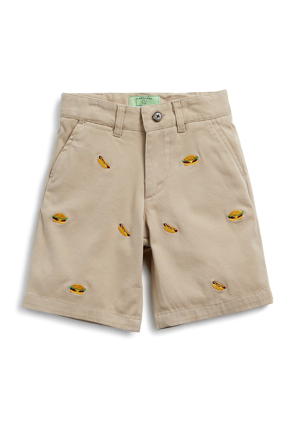 Jetties Short Stretch Twill Khaki with Hamburger and Hotdog BOYS SHORTS Castaway Nantucket Island