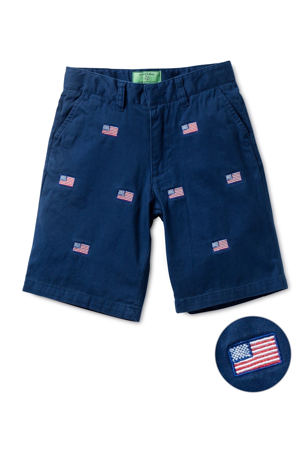 Jetties Short Stretch Twill Nantucket Navy With American Flag BOYS SHORTS Castaway Nantucket Island