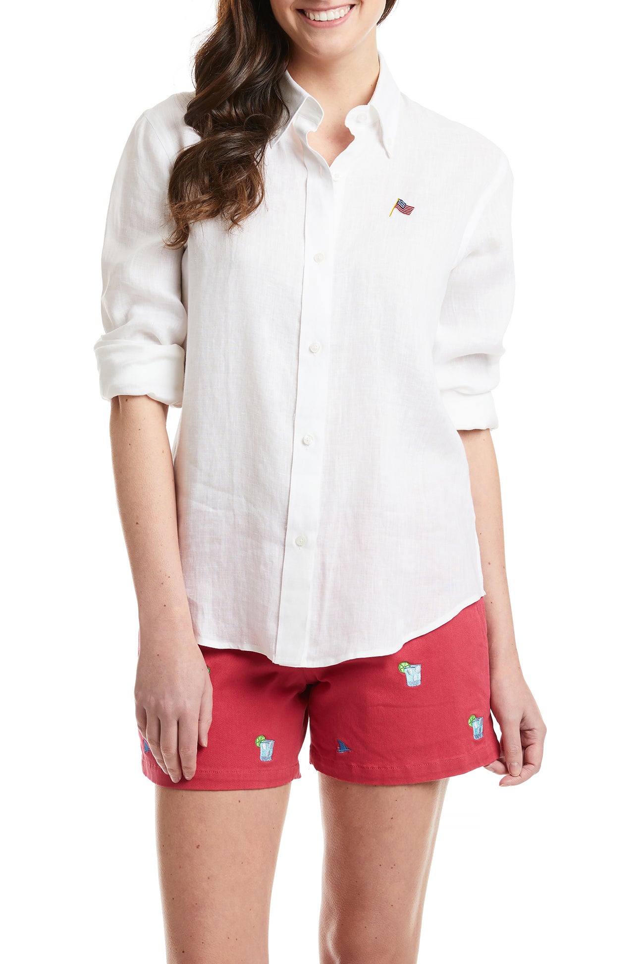 Ladies Button Down Shirt White Linen with USA Flag LADIES SHIRTS Castaway Nantucket Island