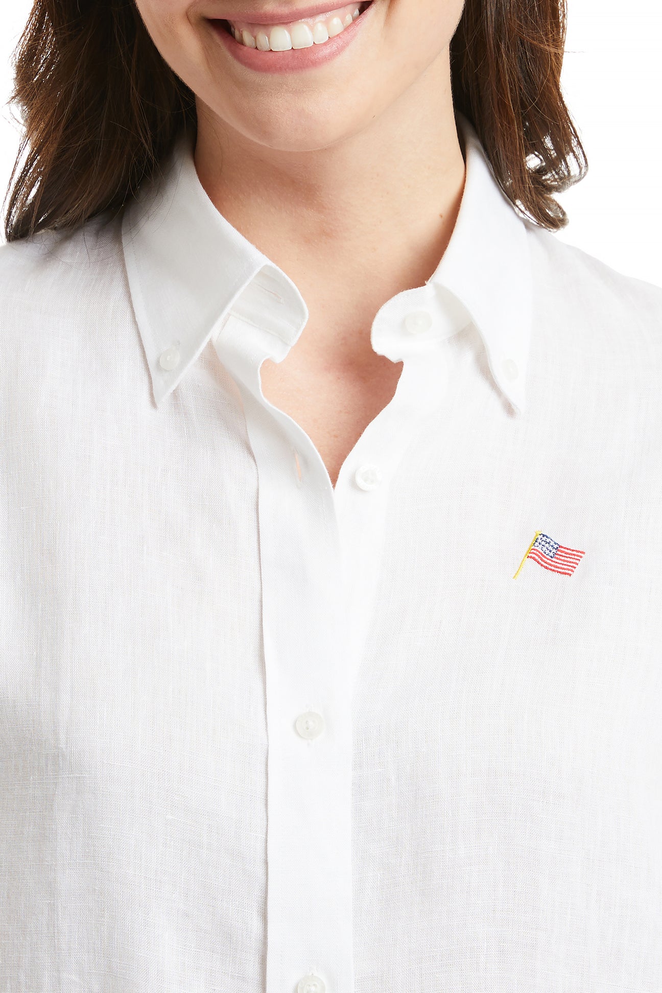 Ladies Button Down Shirt White Linen with USA Flag LADIES SHIRTS Castaway Nantucket Island