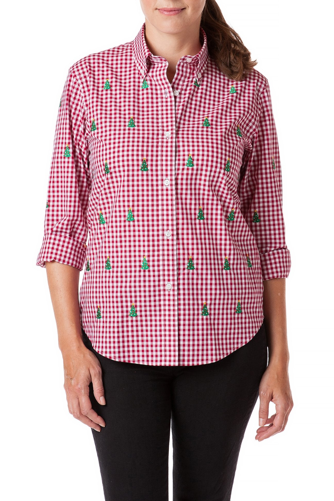 Ladies Button Down Shirt Wide Gingham Red with Christmas Tree - Castaway Nantucket Island