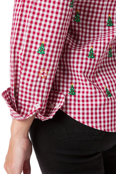 Ladies Button Down Shirt Wide Gingham Red with Christmas Tree - Castaway Nantucket Island