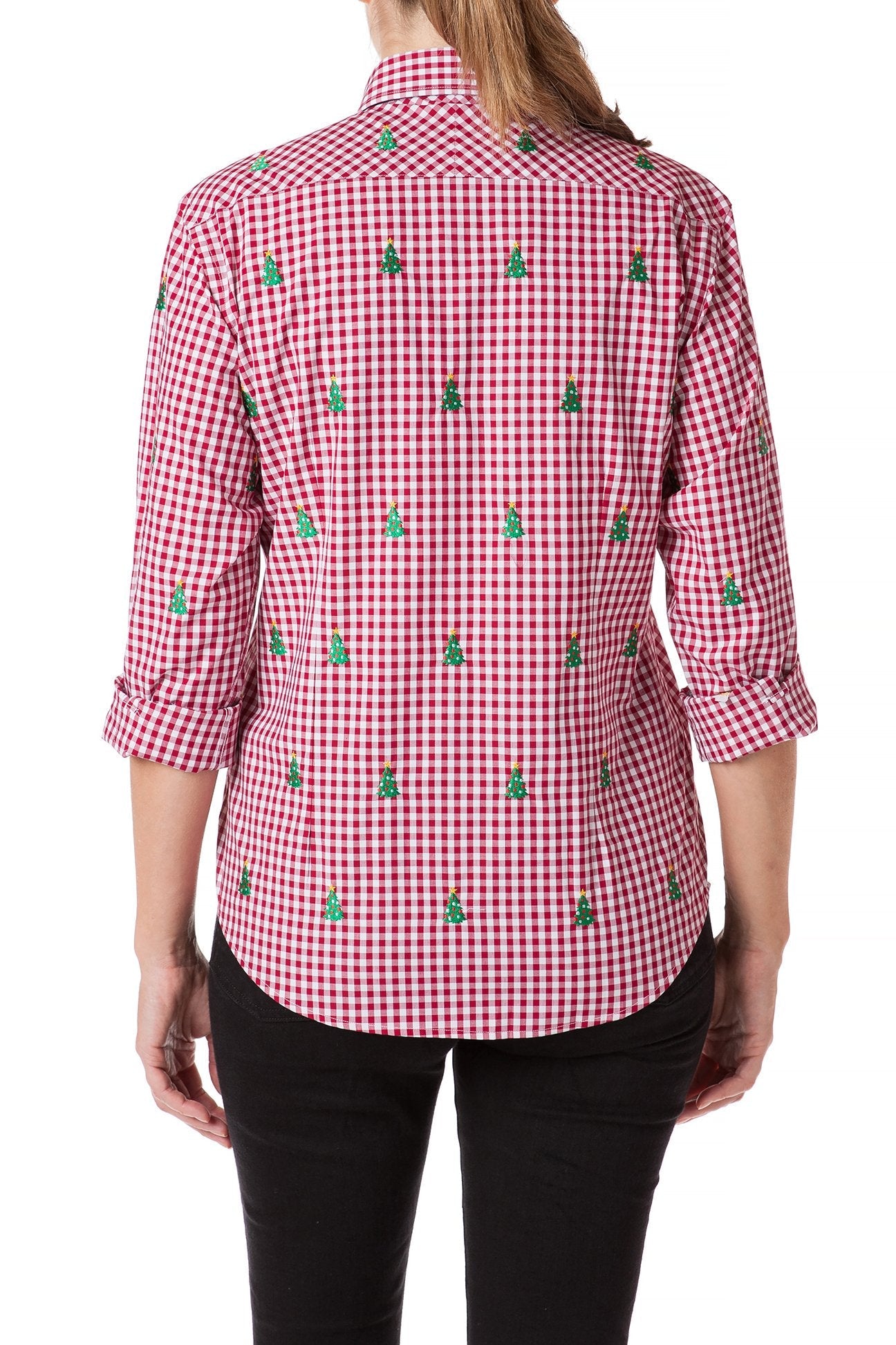 Ladies Button Down Shirt Wide Gingham Red with Christmas Tree M / Red Ladies Button Down Shirt Wide Gingham Red with Christmas Tree M / Red