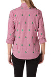 Ladies Button Down Shirt Wide Gingham Red with Christmas Tree - Castaway Nantucket Island