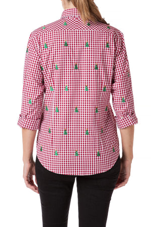Ladies Button Down Shirt Wide Gingham Red with Christmas Tree - Castaway Nantucket Island