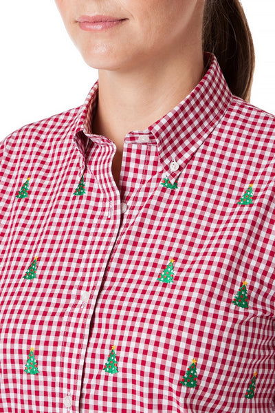 Ladies Button Down Shirt Wide Gingham Red with Christmas Tree - Castaway Nantucket Island