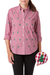 Ladies Button Down Shirt Wide Gingham Red with Christmas Tree - Castaway Nantucket Island