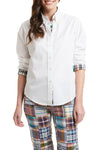 Ladies Button Down Trim Shirt White Oxford with Osterville Patch Madras LADIES SHIRTS Castaway Nantucket Island