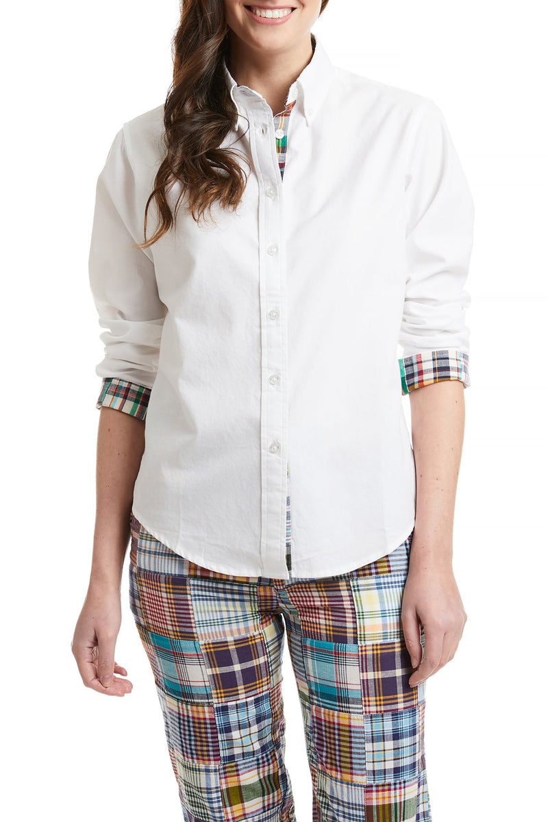 Ladies Button Down Trim Shirt White Oxford with Osterville Patch Madras LADIES SHIRTS Castaway Nantucket Island