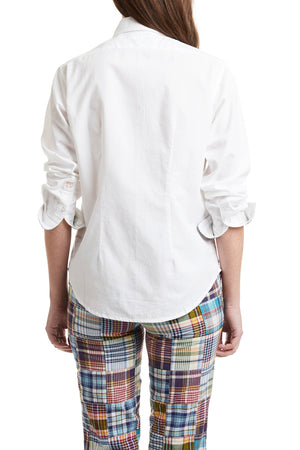 Ladies Button Down Trim Shirt White Oxford with Osterville Patch Madras LADIES SHIRTS Castaway Nantucket Island