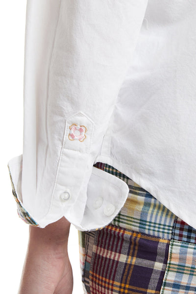 Ladies Button Down Trim Shirt White Oxford with Osterville Patch Madras LADIES SHIRTS Castaway Nantucket Island