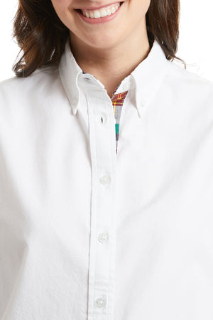Ladies Button Down Trim Shirt White Oxford with Osterville Patch Madras LADIES SHIRTS Castaway Nantucket Island
