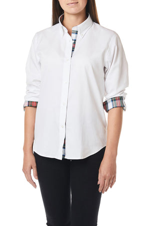 Ladies Buttondown Shirt White Oxford with Dress Stewart Trim - Castaway Nantucket Island