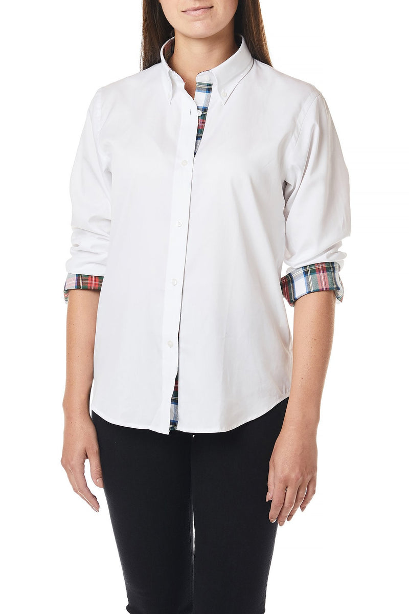 Ladies Buttondown Shirt White Oxford with Dress Stewart Trim - Castaway Nantucket Island