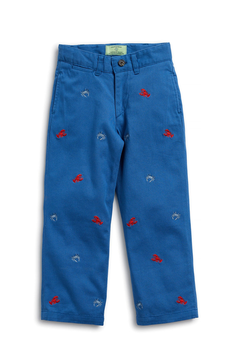 Port Pant Stretch Twill Deep Ocean Blue with Crab & Lobster BOYS PANTS Castaway Nantucket Island