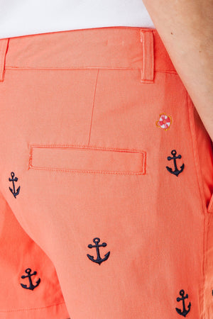 Sailing Short Stretch Twill Coral with Anchor - Castaway Nantucket Island