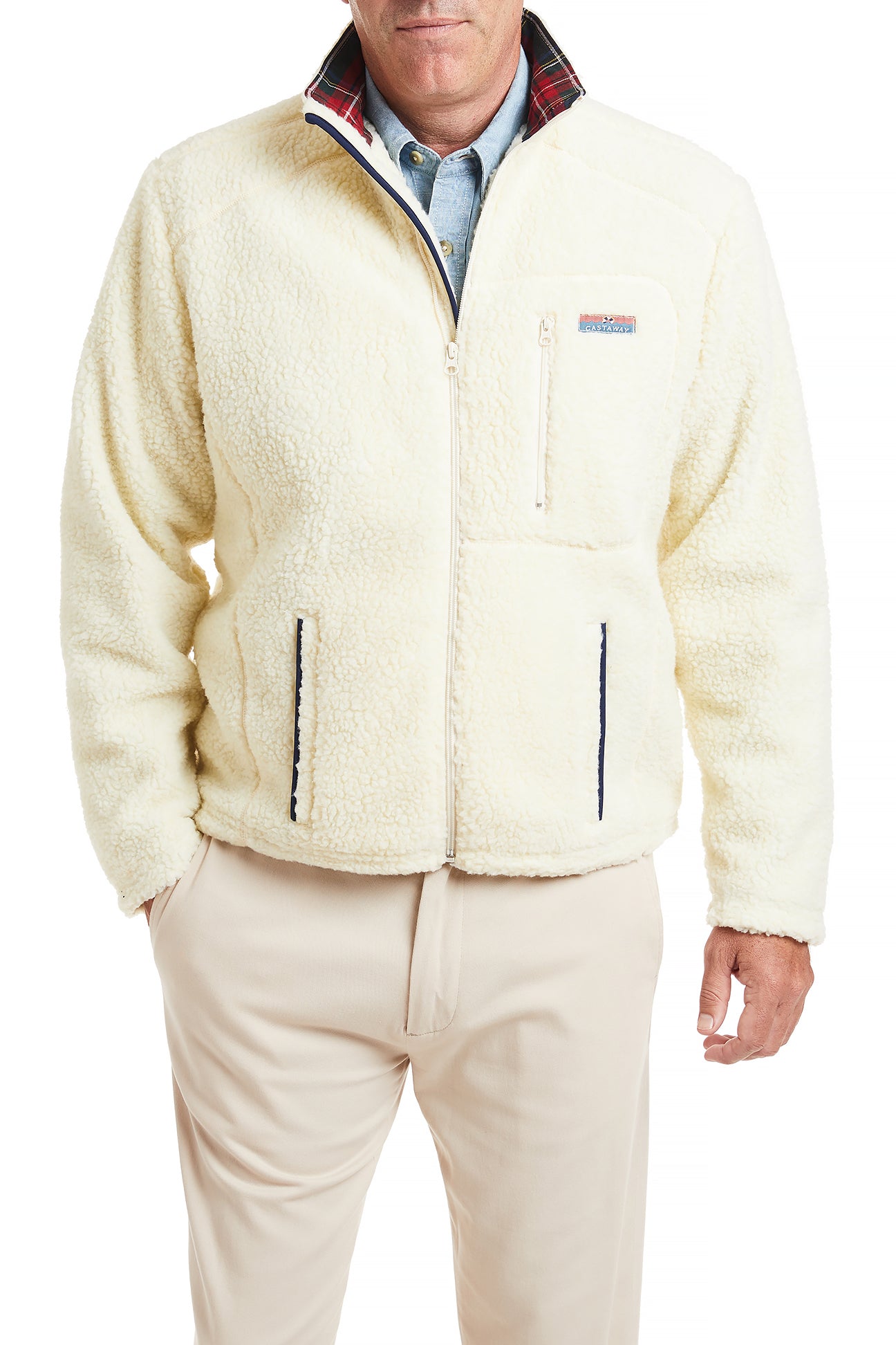 Sherpa Jacket Ivory with Black Stewart Plaid Lining MENS OUTERWEAR Castaway Nantucket Island