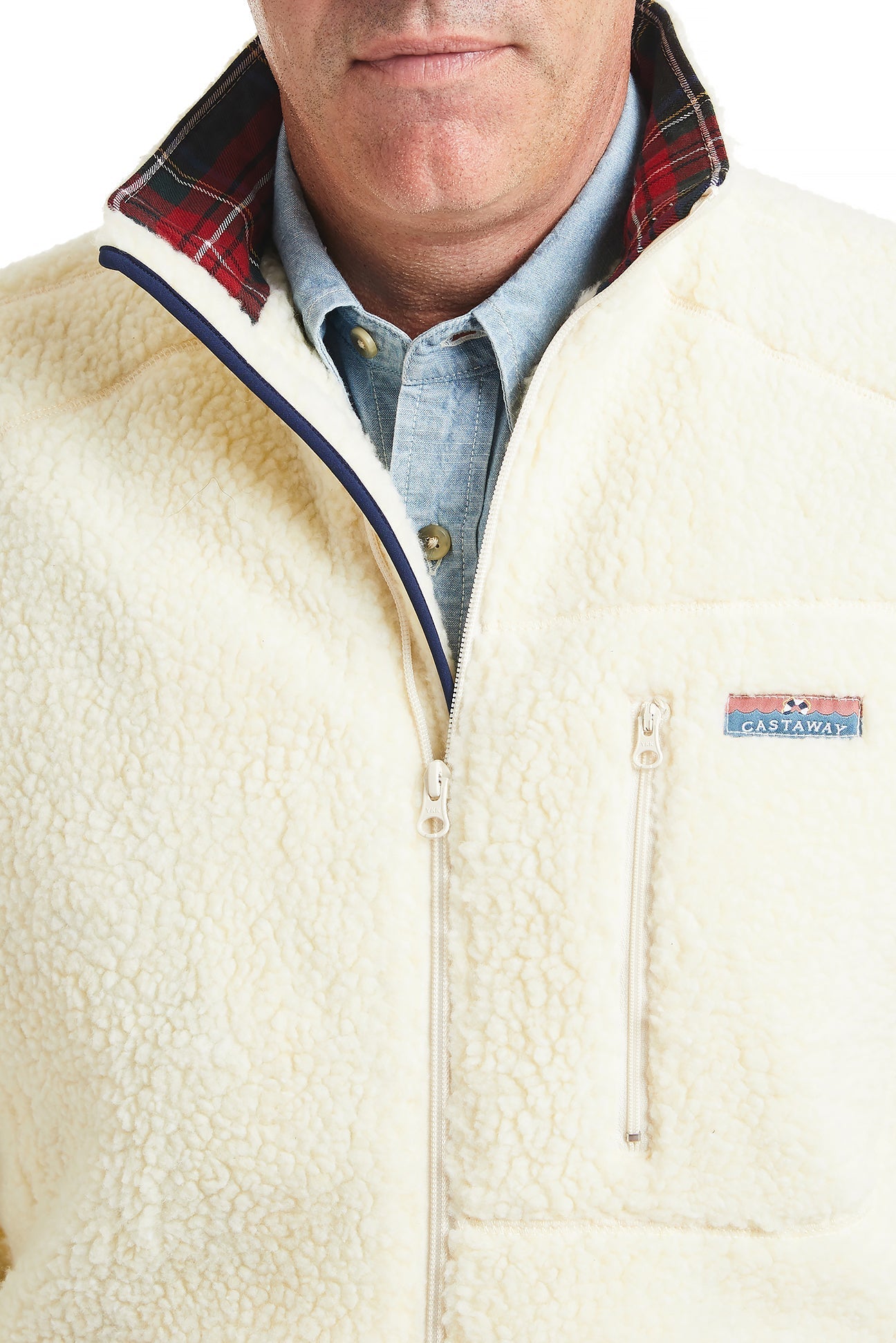 Sherpa Jacket Ivory with Black Stewart Plaid Lining MENS OUTERWEAR Castaway Nantucket Island