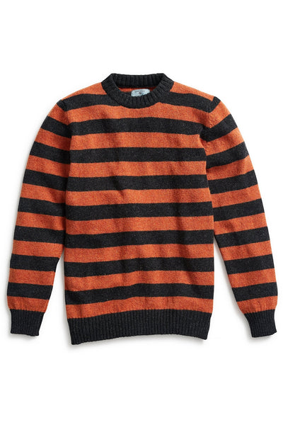 Shetland Crewneck Sweater Grey & Burnt Orange Stripe - Castaway Nantucket Island