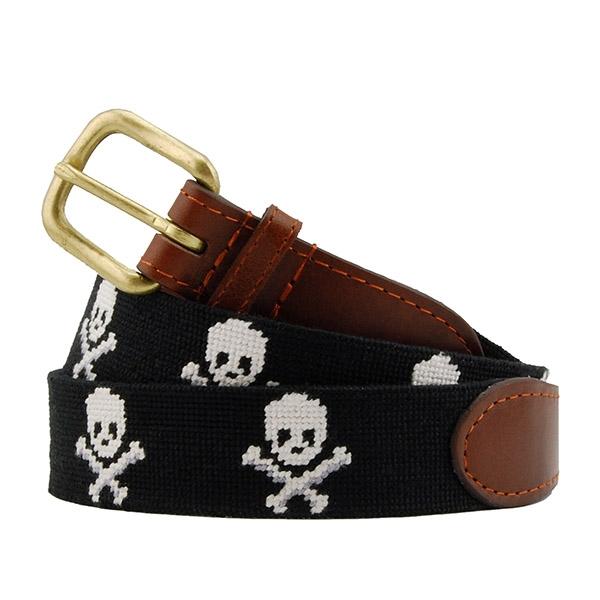 Needlepoint Belt Black With Jolly Roger Skull - MENS BELTS - Castaway Nantucket Island