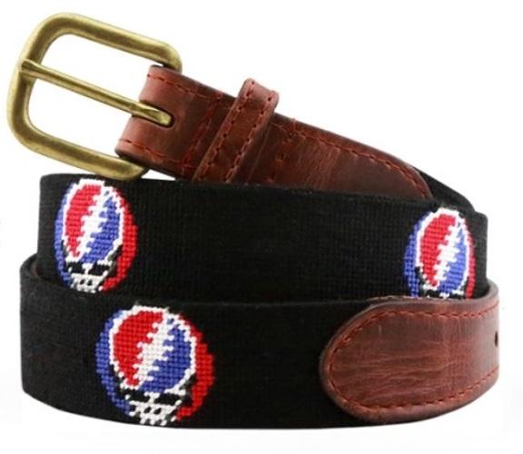 Smathers and Branson Needlepoint Belt Black with Steal Your Face Bolts - Castaway Nantucket Island
