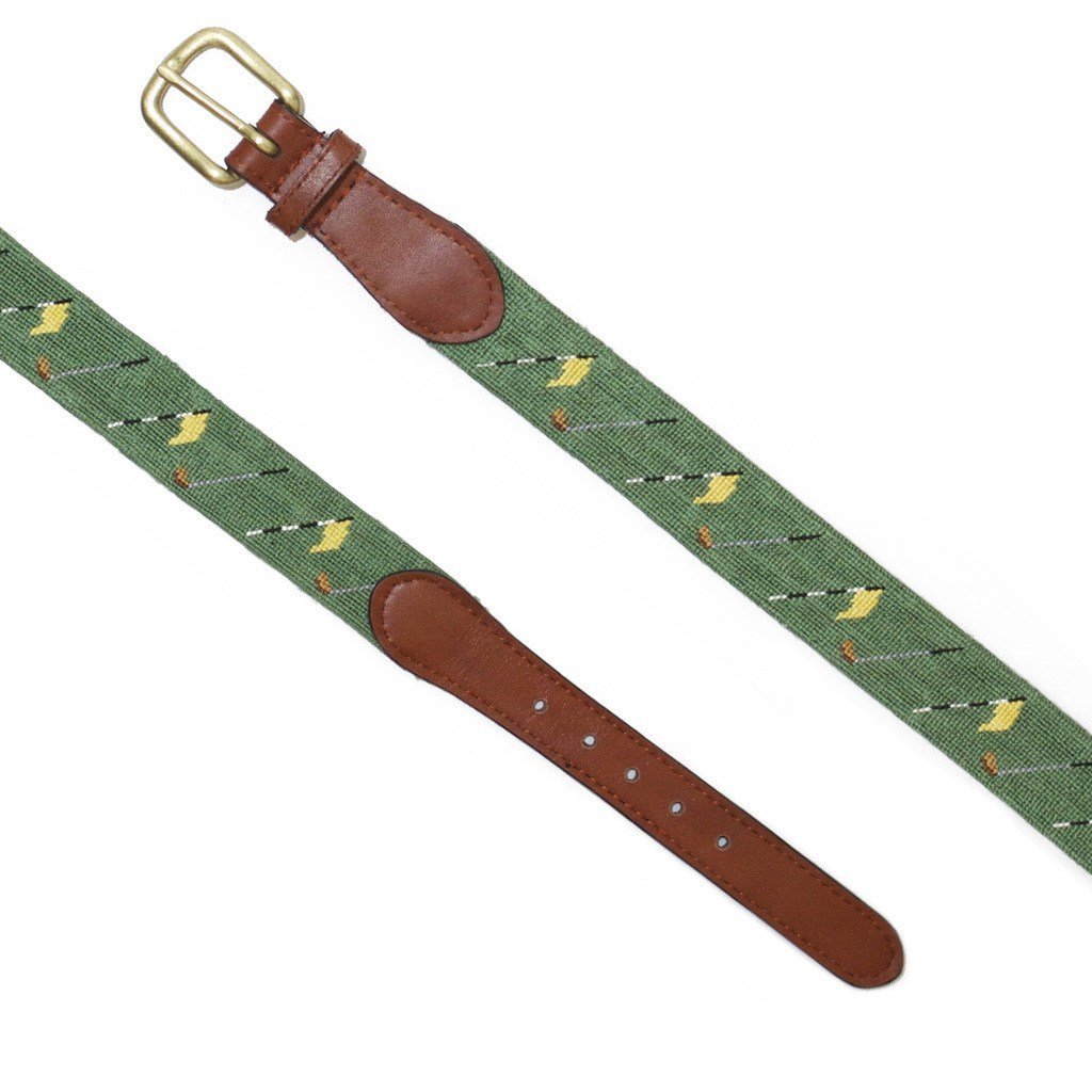 Needlepoint Belt Sage With Golf Flags - MENS BELTS - Castaway Nantucket Island