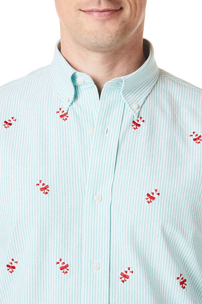 Straight Wharf Shirt Oxford Green Stripe with Candy Cane - Castaway Nantucket Island
