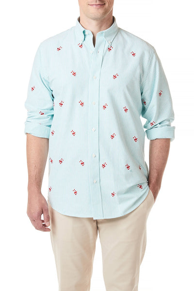Straight Wharf Shirt Oxford Green Stripe with Candy Cane - Castaway Nantucket Island