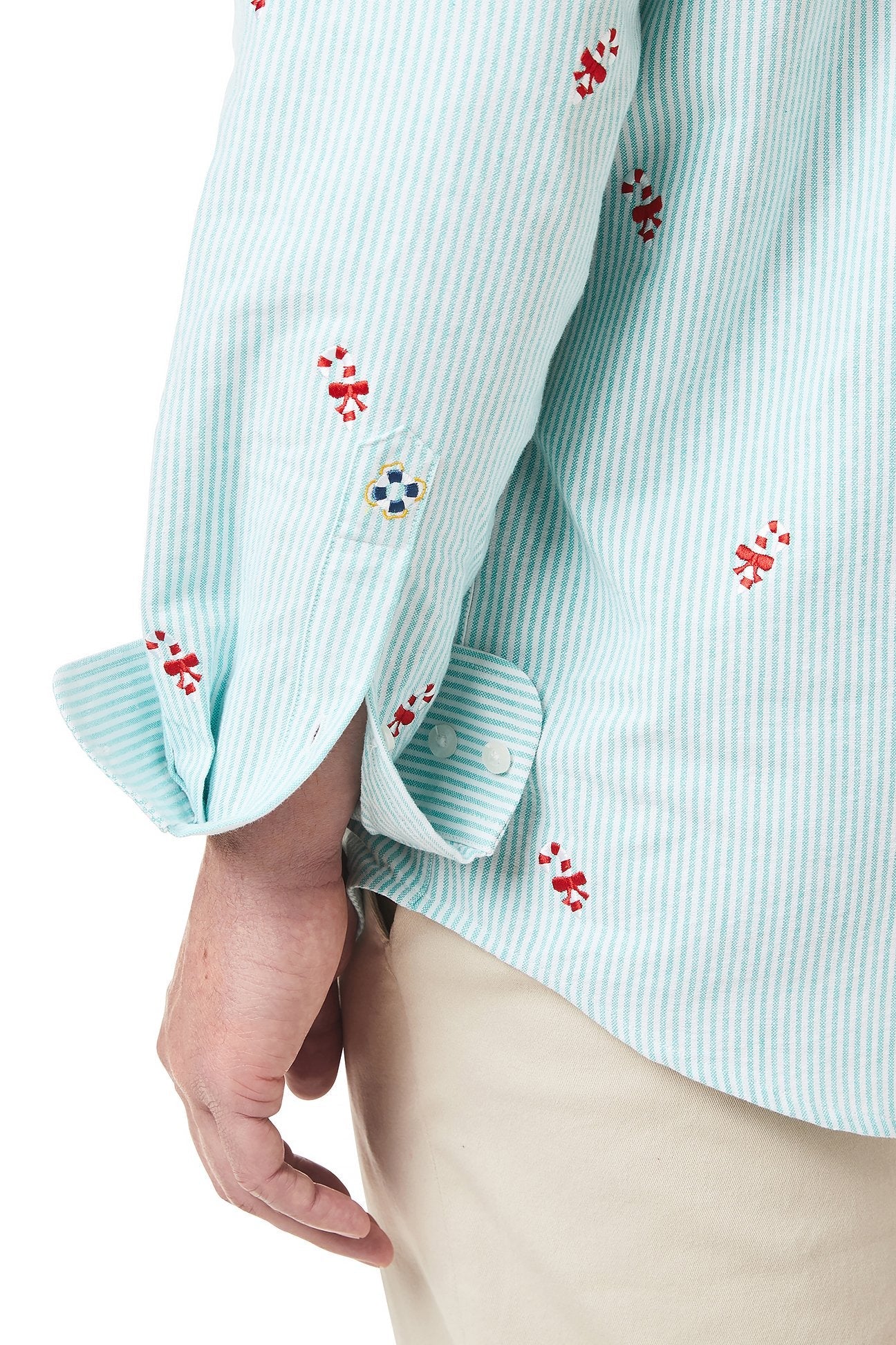 Straight Wharf Shirt Oxford Green Stripe with Candy Cane - Castaway Nantucket Island
