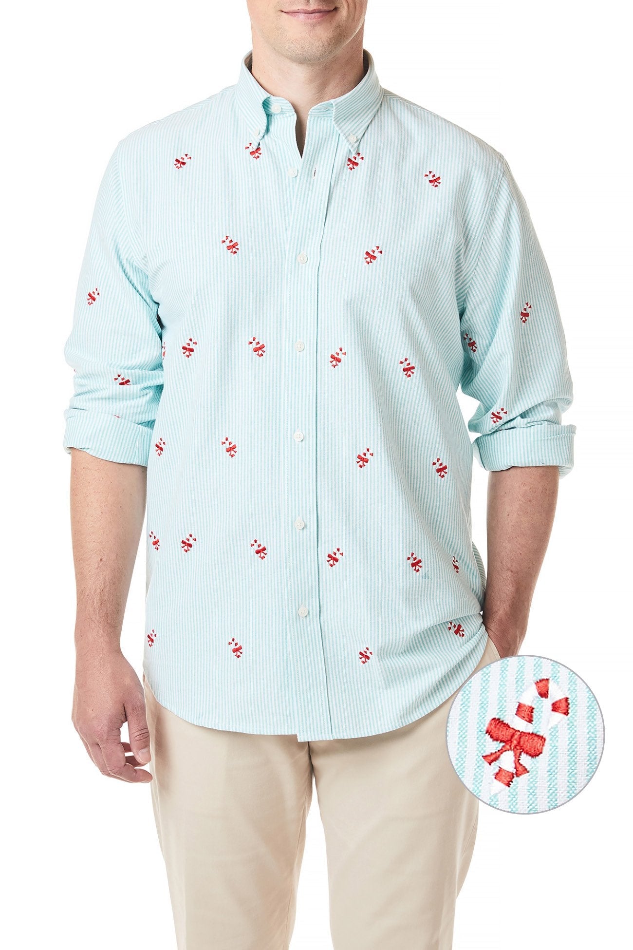 Straight Wharf Shirt Oxford Green Stripe with Candy Cane - Castaway Nantucket Island