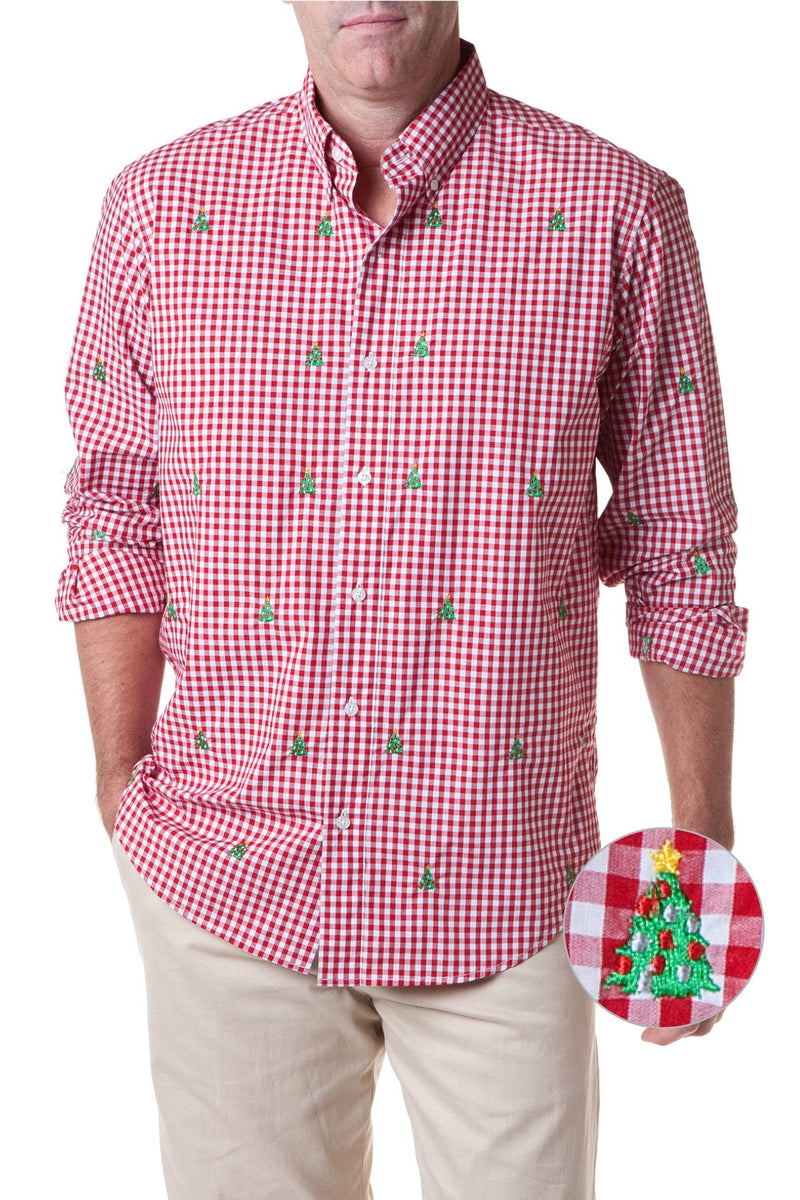 Straight Wharf Shirt Red Gingham with Christmas Tree - MENS SPORT SHIRTS - Castaway Nantucket Island