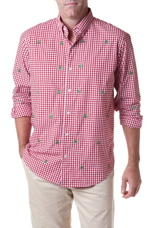 Straight Wharf Shirt Red Gingham with Christmas Tree - MENS SPORT SHIRTS - Castaway Nantucket Island