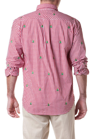 Straight Wharf Shirt Red Gingham with Christmas Tree - MENS SPORT SHIRTS - Castaway Nantucket Island