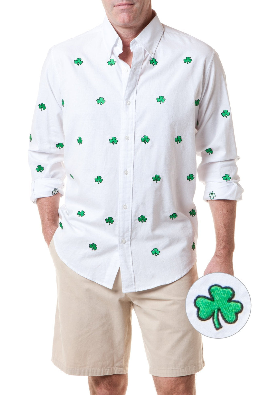 Castaway Straight Wharf Shirt White Oxford Kelly Shamrock Embroidery St. Patrick's Castaway Straight Wharf Shirt White Oxford Kelly Shamrock Embroidery St. Patrick's