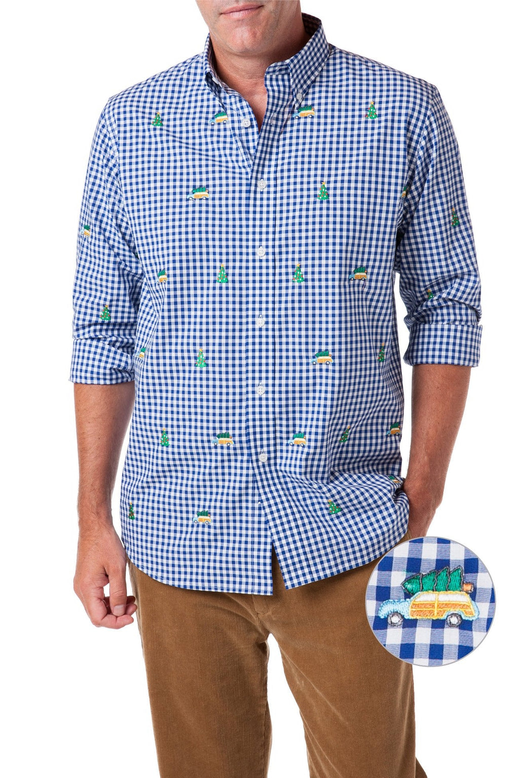 Straight Wharf Shirt Wide Gingham Royal with Woody and Christmas Tree - Castaway Nantucket Island