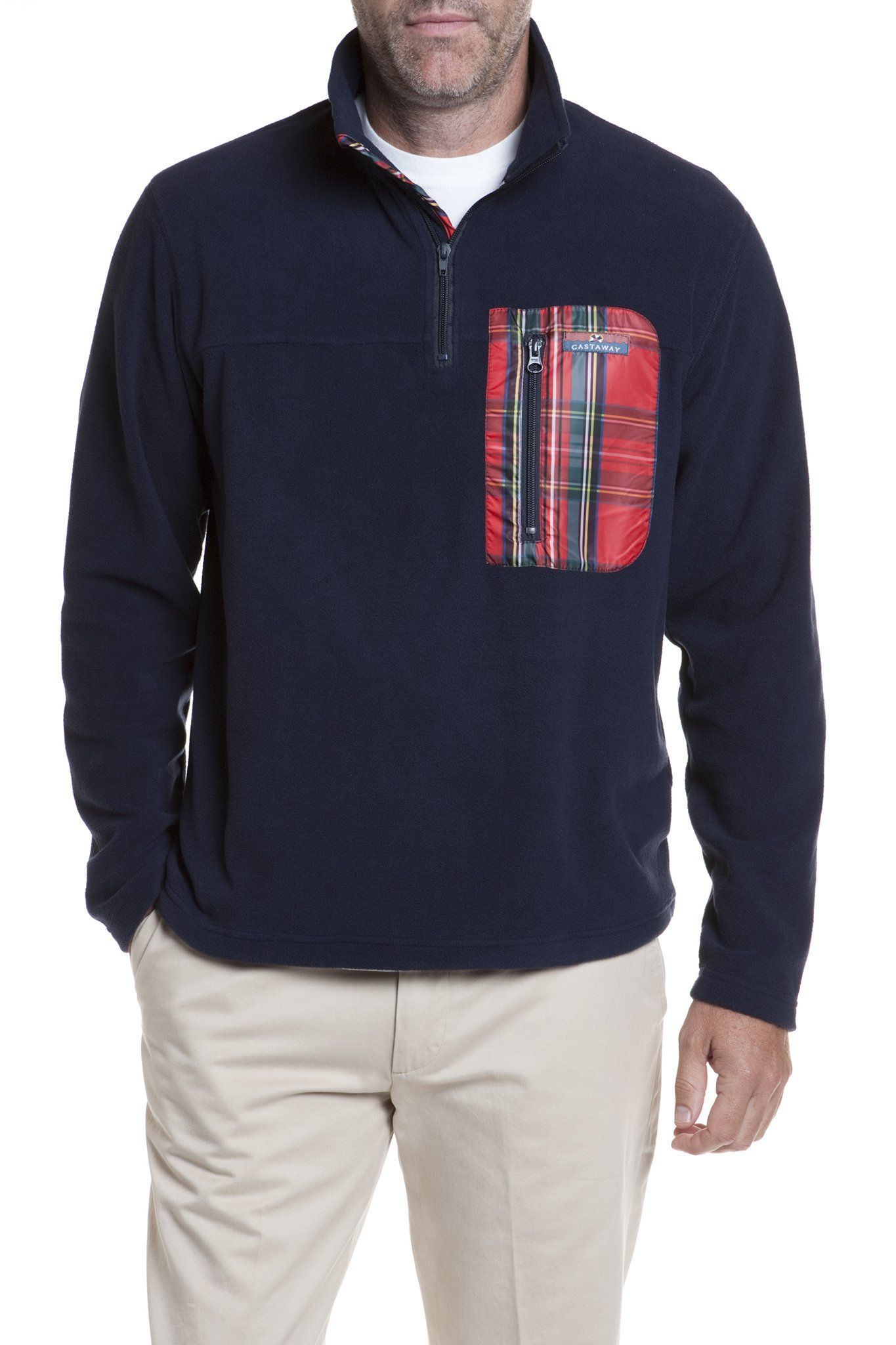 Tidal Fleece Quarterzip Pullover Nantucket Navy with Royal Stewart Trim - MENS OUTERWEAR - Castaway Nantucket Island