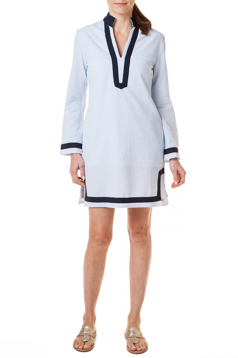Tunic Dress Blue Seersucker with Navy Trim - Castaway Nantucket Island