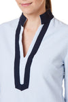 Tunic Dress Blue Seersucker with Navy Trim - Castaway Nantucket Island